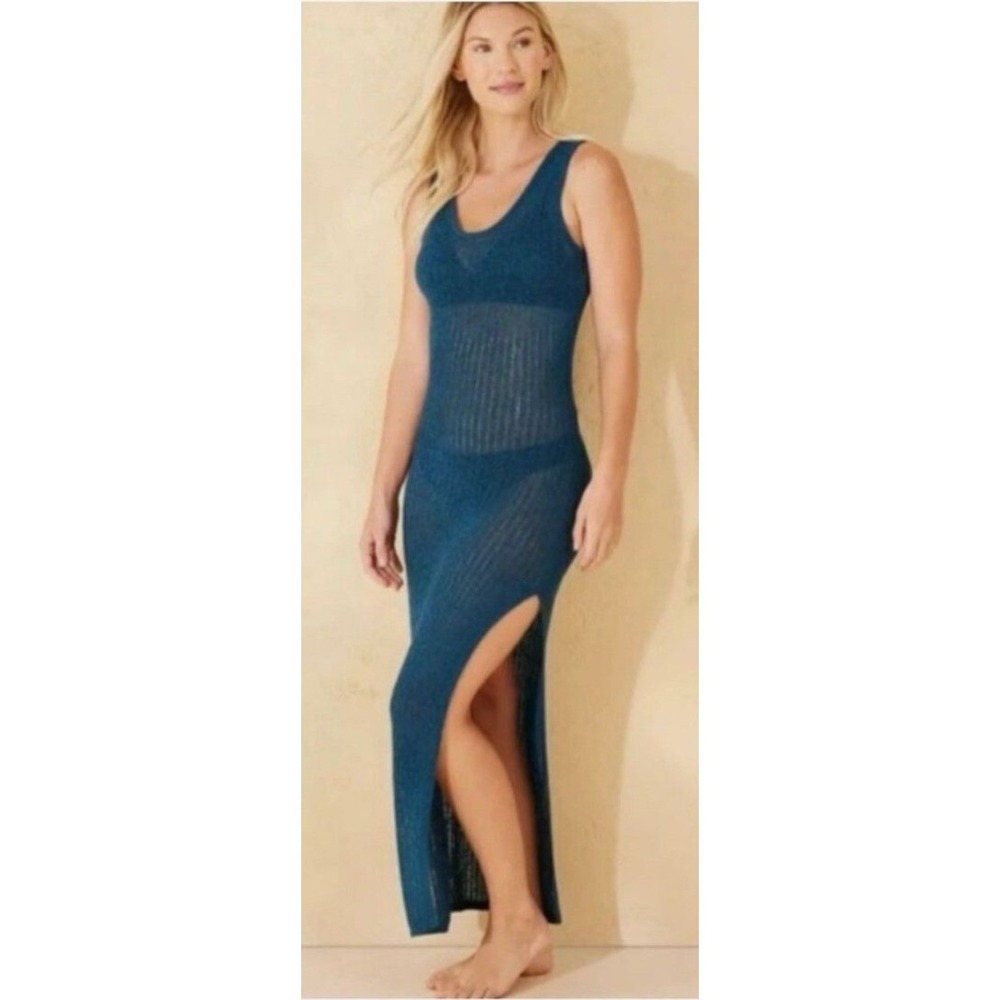 Shade & Shore Knit Maxi Cover Up Tank Dress Large Blue Ribbed Beachwear NWT